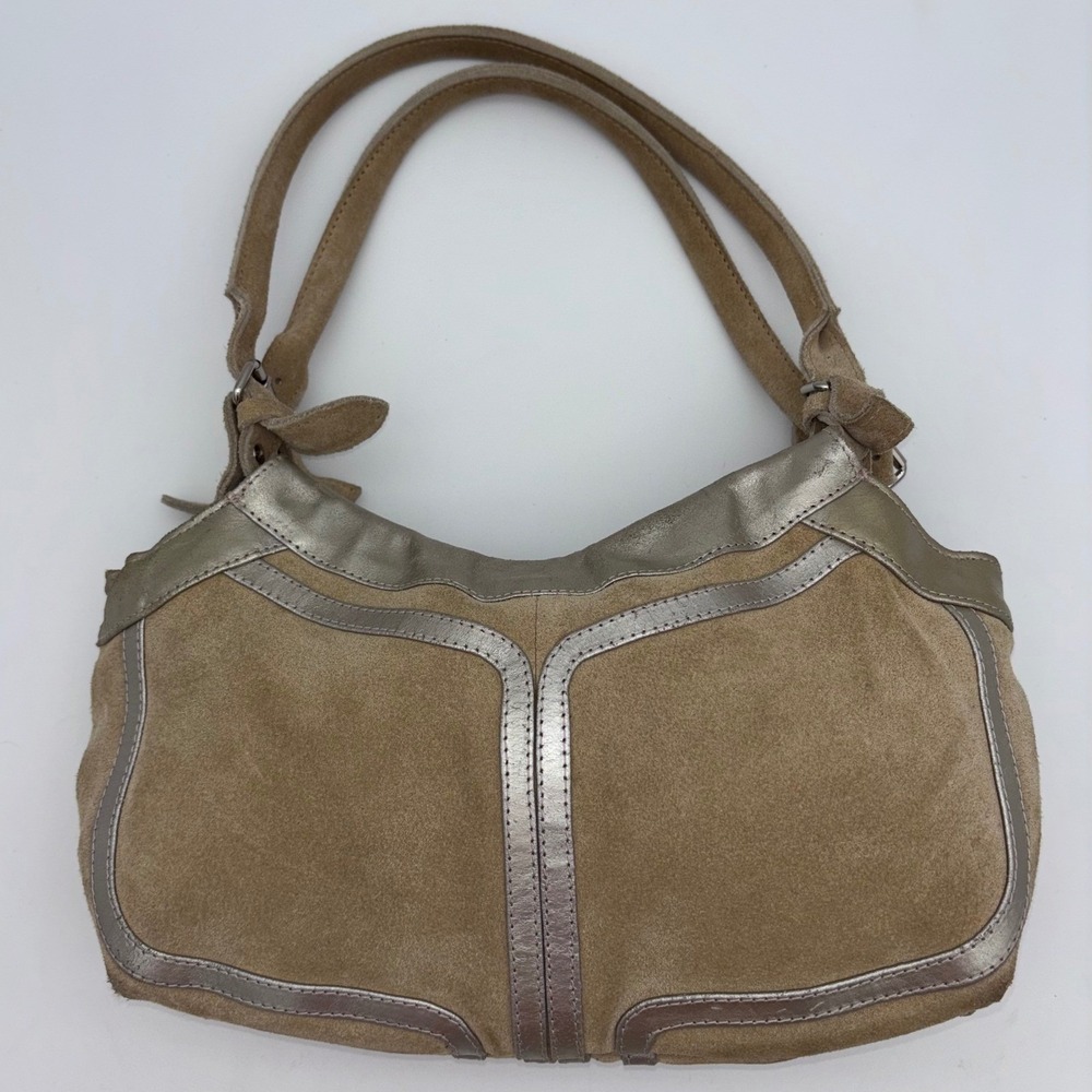 SUEDE‎ Y2K SHOULDER BAG Leather Hobo Metallic Silver Vintage Handbag Neutral